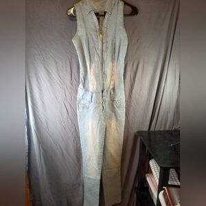 Silver Diva Zipper Sleeveless Denim Juniors Jumpsuit With Open Back